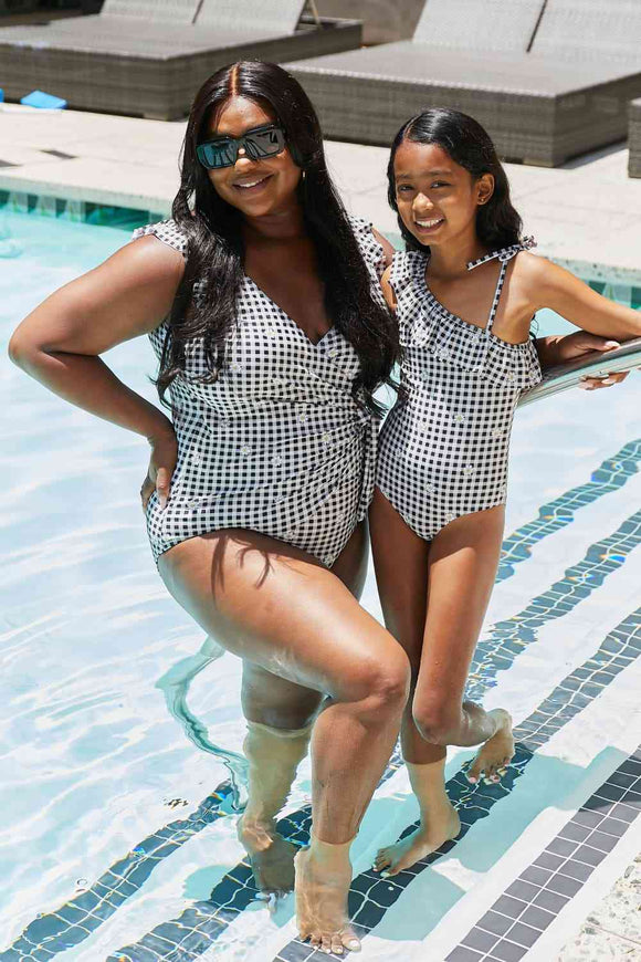 One-Piece Checkered Bathing Suit with Side Ruffles and Faux Wrap