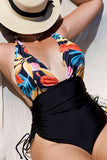 Plus Size Two-Tone Tropical Halter Neck One-Piece Swimsuit