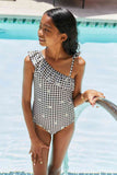 Girl's One-Piece Bathing Suit Checkered Black and White with Daisies