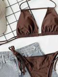Chocolate Brown Halter Neck Ruched Bikini Set