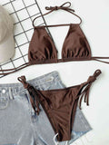 Chocolate Brown Halter Neck Ruched Bikini Set