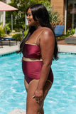 Contrast Trim One-Piece Bathing Suit Swimwear in Shiny Wine