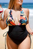 Plus Size Two-Tone Tropical Halter Neck One-Piece Swimsuit