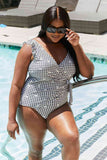 One-Piece Checkered Bathing Suit with Side Ruffles and Faux Wrap