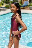 Kid's Wave Break Contrast Trim One-Piece Ruffle Bathing Swim Suit
